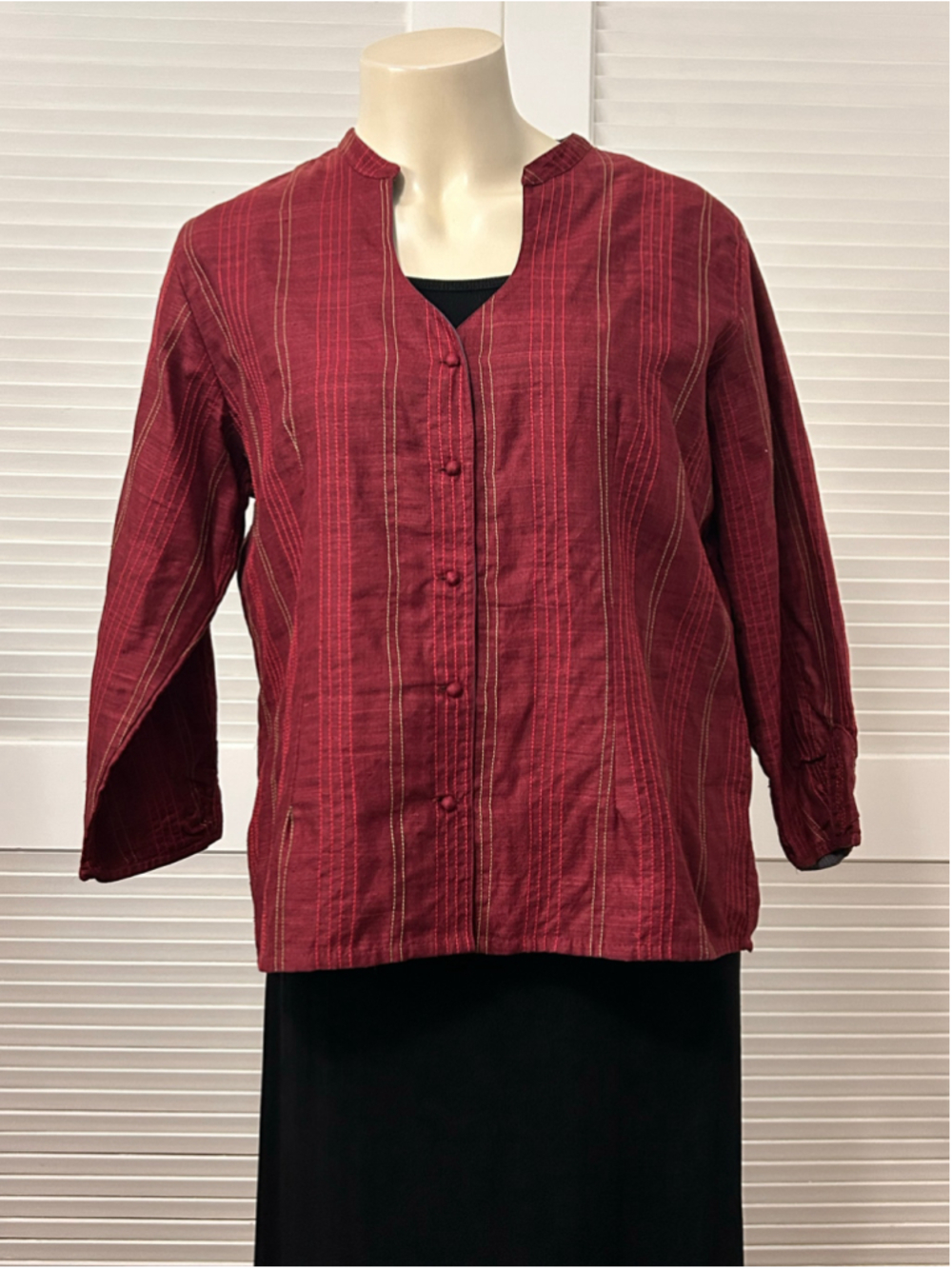 Anokhi Silk Blouse XL Deep Red Striped Mandarin Collar 100% Silk